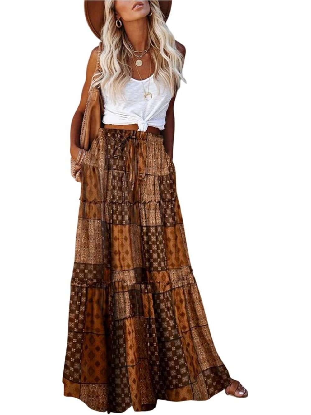 Womens Boho Maxi Skirt 2026 Summer Cruise Casual High Waist Tie Flowy Long Skirt